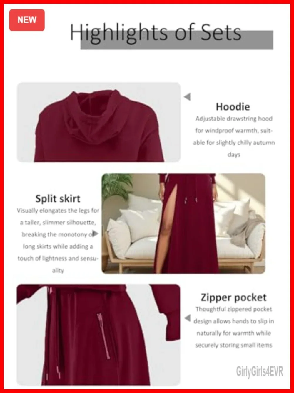 Women's 2 Piece Skirt Set Hoodie Sweatshirt High Waist Split Hem Casual Outfit